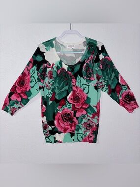 Joseph A Floral Cardigan Sweater 1X Pink Green Rose Print Lightweight Knit